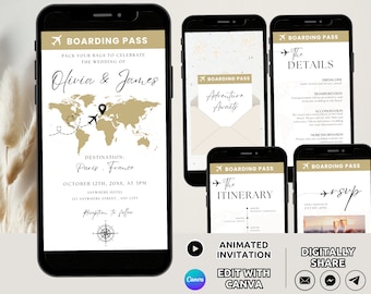 Modèle vidéo d’invitation de mariage de carte d’embarquement animée, ensemble d’invitations de mariage de destination numérique, invitation de passeport de mariage de voyage modifiable
