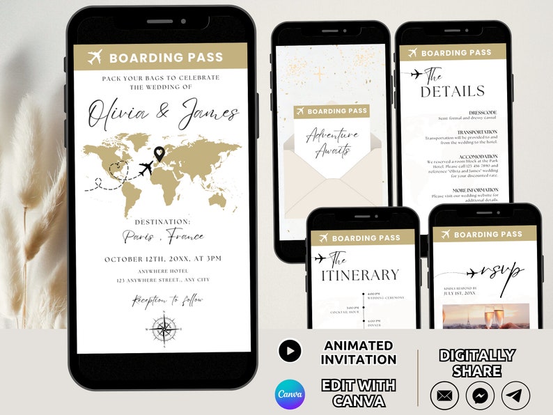 Carte d'embarquement, modèle numérique de suite de faire-part de mariage, ensemble animé d'invitation de mariage à destination, itinéraire d'invitation de mariage de voyage modifiable image 1