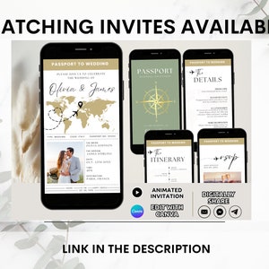 May include: A set of five digital wedding invitations with a travel theme. The invitations are designed to look like passports and feature a map, compass, and airplane icons. The text on the invitations includes "Passport to Wedding", "The Details", "The Itinerary", and "RSVP".