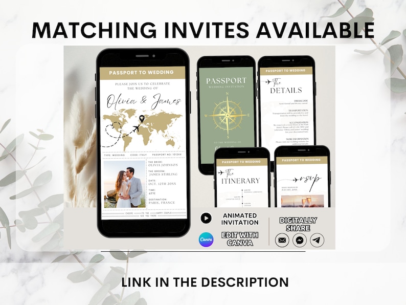 May include: A set of five digital wedding invitations with a travel theme. The invitations are designed to look like passports and feature a map, compass, and airplane icons. The text on the invitations includes "Passport to Wedding", "The Details", "The Itinerary", and "RSVP".