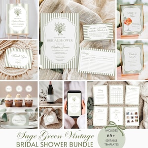 May include: Sage green and white striped printable bridal shower templates with floral illustrations. The set includes a welcome sign, thank you card, invitation, recipe card, custom sign, game cards, and favor tags.  The text on the invitation reads "Please join us for a bridal shower in honor of Sophia James".