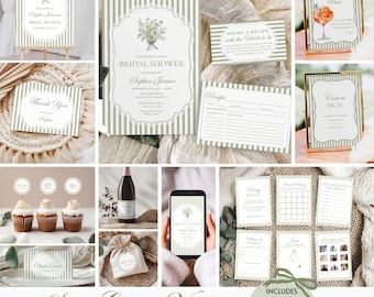 Sage Green Bridal Shower Bundle, Stripe Boho Floral Bridal Shower Invite Signs & Games Bundle Elegant Vintage Coquette Set Editable Template