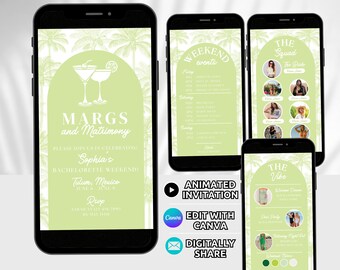 Margs and Matrimony Bachelorette Party Einladung & Reiseplan Digitale Vorlage, Margarita Bach Wochenend-Einladung, Strand-Bachelorette bearbeitbar