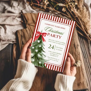 May include: A rectangular Christmas party invitation card featuring a red and white striped border, a watercolor green pine tree with a red bow, and text including Company Name Here, Christmas Party, 24 December, and Oak & Olive Bistro.