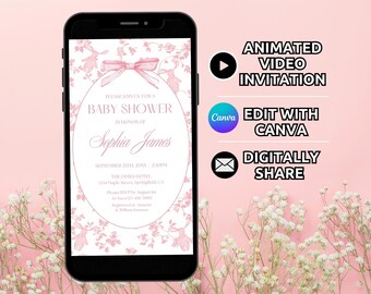 Invito digitale Toile de Jouy, invito animato per baby shower con fiocco rosa, invito vintage per baby shower, invito floreale per brunch per baby shower modificabile