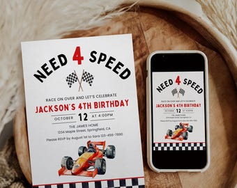 May include: A rectangular birthday invitation and a smartphone displaying the same design. The white card features the text NEED 4 SPEED, a checkered flag, and a red race car. It details Jackson's 4th birthday on October 12 at 4:00 PM.