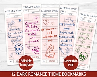 May include: Five rectangular bookmarks designed as vintage library cards with pink lined paper, each featuring unique dark romance themed text and illustrations including skulls, hearts, lips, flames, and flowers in blue, red, pink, and green ink.