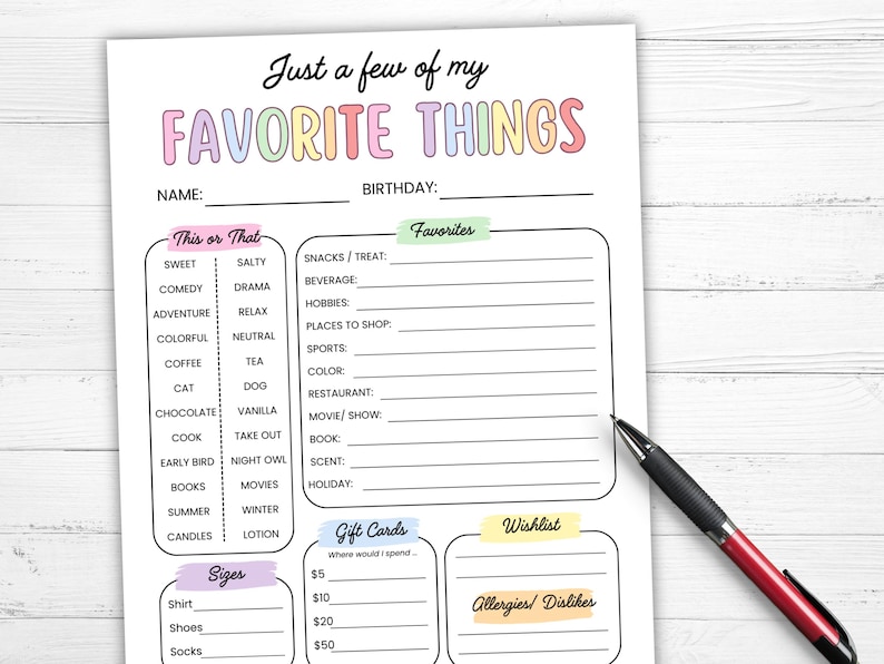 Favorite Things List Survey Questionnaire, Get to Know You Form ...