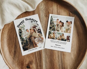 Puede incluir: Dos tarjetas de felicitación rectangulares con fotos familiares. La tarjeta izquierda tiene una foto arqueada con el texto Happy Holidays y The Williams Family 20XX. La tarjeta derecha muestra un collage de fotos con el texto Wishing you a merry holiday season filled with joy, love and laughter, With Love, Max, Olivia, John, & Molly.