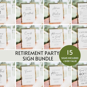 May include: A set of 15 printable retirement party signs in a gold frame with black text. The signs include "Retirement Fund", "Please Sign the Guestbook", "Advice & Wishes", "Retirement Advice & Wishes", "Cheers to the Years", "Cards & Gifts", "Retirement is Sweet", "Capture the Memories", "Photo Guestbook", "Favors", "Please Enjoy Some Retire Mints", "A Sweet Ending to a Great Career 40 Years".