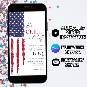 4th of July BBQ Invitation Template, Digital Party in the USA Invite Animated, July 4th Cookout Barbeque Party Celebration Invite Phone