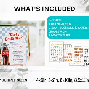 May include: A gold-framed sign with a blue and white checkered background, featuring "Dirty Soda Bar" text and a cola bottle graphic. Includes a bar menu sign, 200+ cocktail options, and a guide. Available in 4x6in, 5x7in, 8x10in, and 8.5x11in sizes.