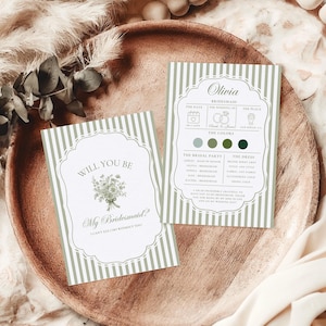 Bridesmaid Proposal Card Template, Sage Green Will You Be My Bridesmaid Card, Vintage Floral Maid of Honor Proposal Info Invite Editable