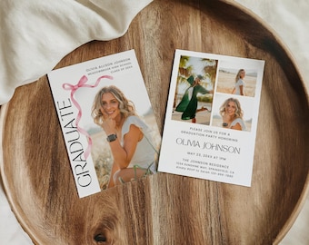 Op de afbeelding: Twee afstudeerkaarten met foto's van een afgestudeerde. De linkerkaart toont het woord GRADUATE in zwarte letters met een roze lintafbeelding. De rechterkaart bevat drie foto's en tekstdetails voor een feest ter ere van Olivia Johnson.