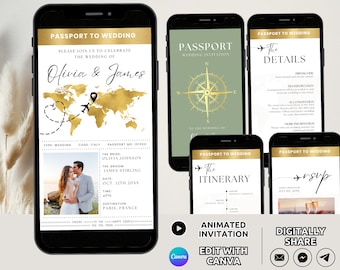 Passport Wedding Invitation Suite Electronic Template, Animated Destination Wedding Invite Gold, Travel Wedding Invite Bundle RSVP Editable