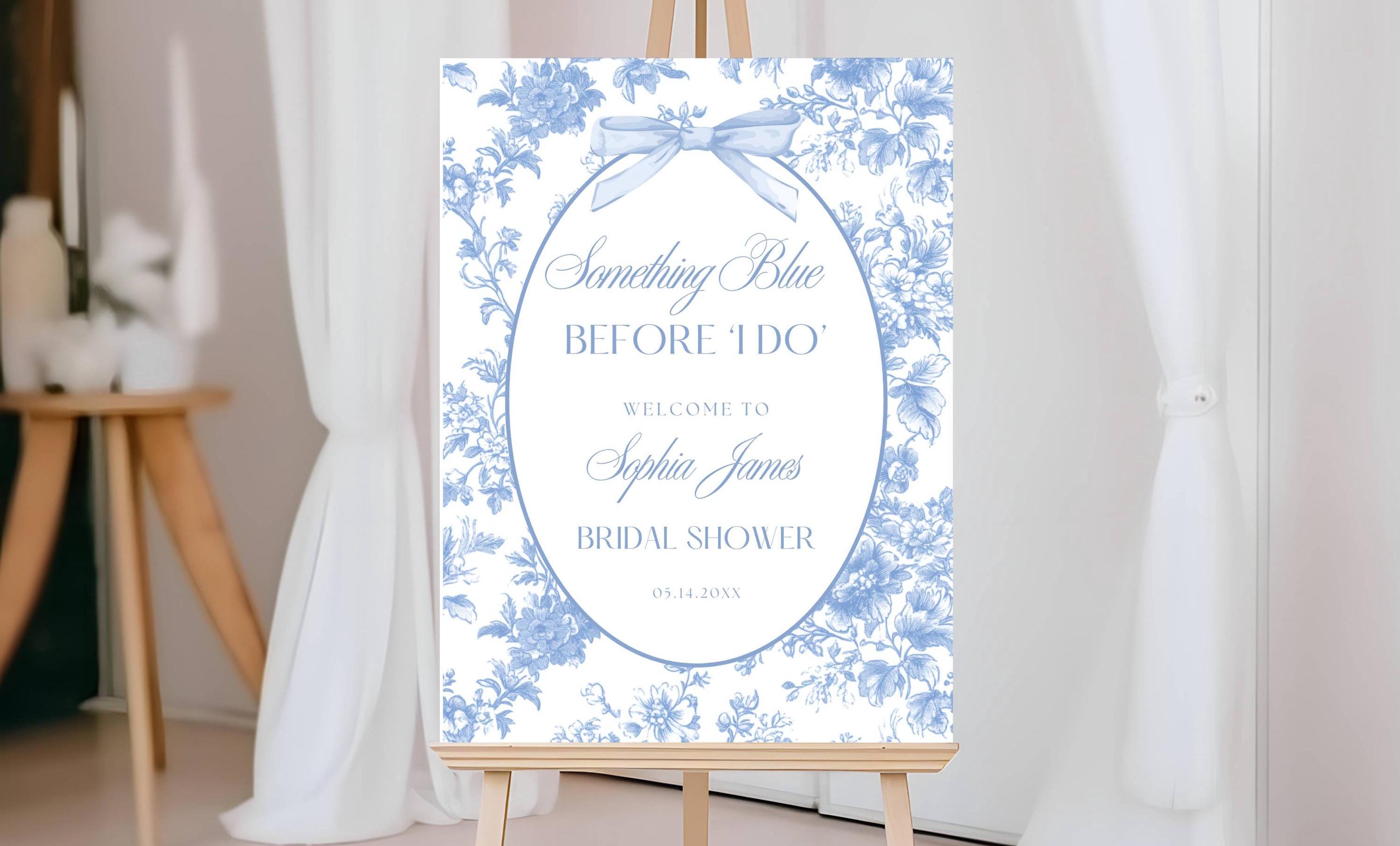 French Toile Bridal Shower Welcome Sign, Something Blue Before I Do Bridal Brunch Sign, Blue Floral Wedding Shower Welcome Signage Editable