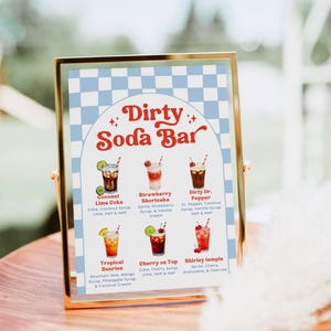 Ready to Pop Dirty Soda Bar Sign Template, Editable Canva Menu, Retro Blue Checkered Soda Bar, Baby Shower Drink Recipes, Instant Download