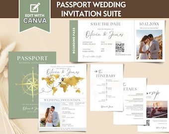 Passport Wedding Invitation Suite Template, Destination Wedding Invite Gold, Travel Theme Boarding Pass Wedding Invite Bundle RSVP Editable