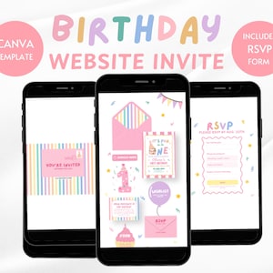 Könnte beinhalten: Drei Smartphones zeigen eine digitale Geburtstagseinladungsvorlage. Die Bildschirme zeigen pastellfarbene Grafiken mit Umschlägen, Luftballons, Partyhüten und einem RSVP-Formular mit Texten wie You're Invited, It's Fun to be One und RSVP.