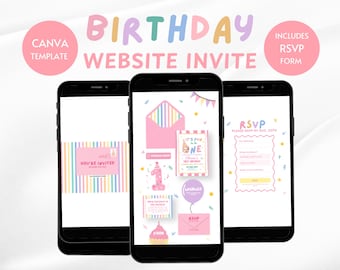 May include: Three smartphones displaying a digital birthday website invitation template. The screens show pastel-colored graphics including envelopes, balloons, party hats, and an RSVP form with text such as You're Invited, It's Fun to be One, and RSVP.