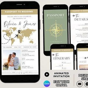 Passport Wedding Invitation Suite Electronic Template, Animated Destination Wedding Invite Set, Travel Wedding Invite Bundle RSVP Editable