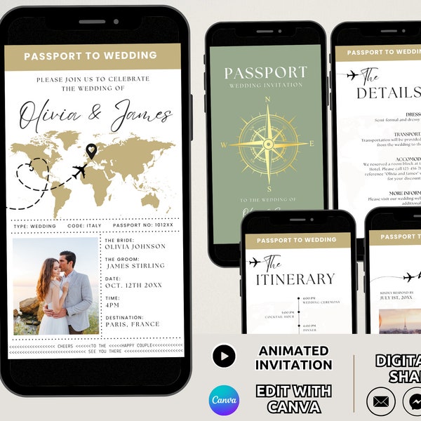 Modello elettronico della suite di inviti di nozze per passaporto, set di inviti di nozze con destinazione animata, pacchetto di inviti di nozze di viaggio RSVP modificabile