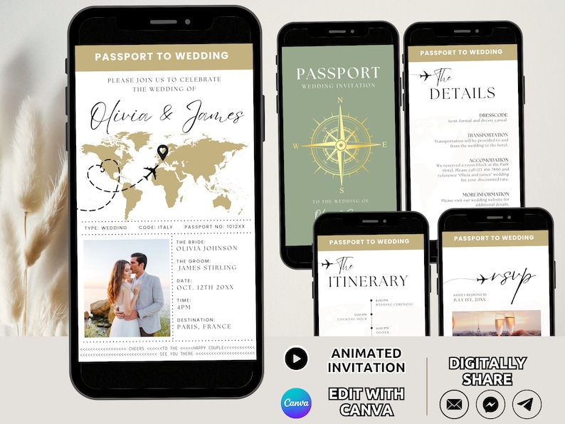 May include: A digital wedding invitation with a passport theme. The invitation features a map of the world with a plane flying over it, and the text "Passport to Wedding" at the top. The invitation also includes the names of the bride and groom, the date and time of the wedding, and the location. The invitation is designed to be shared digitally.