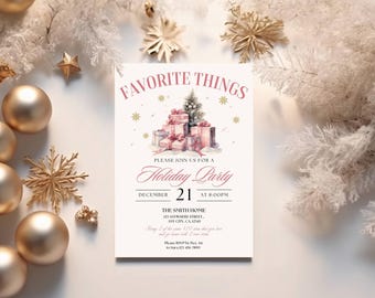 Invito per festa di Natale a tema "Cose preferite", invito per scambio di regali di Natale, invito stampabile per festa di Natale moderna tra ragazze in rosa