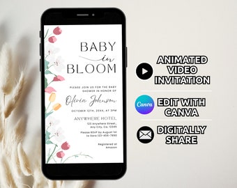 Baby in Bloom Invitation Digital Template, Animated Baby Shower Invite, Wildflower Baby Shower evite, Spring Summer Floral Shower Editable