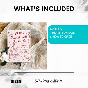 May include: A pink printable bridal shower invitation template with the text "Brunch with the Bride" and a graphic of a champagne bottle, glasses, and pastries. The invitation includes a how-to guide and is available in a 5x7 inch physical print.