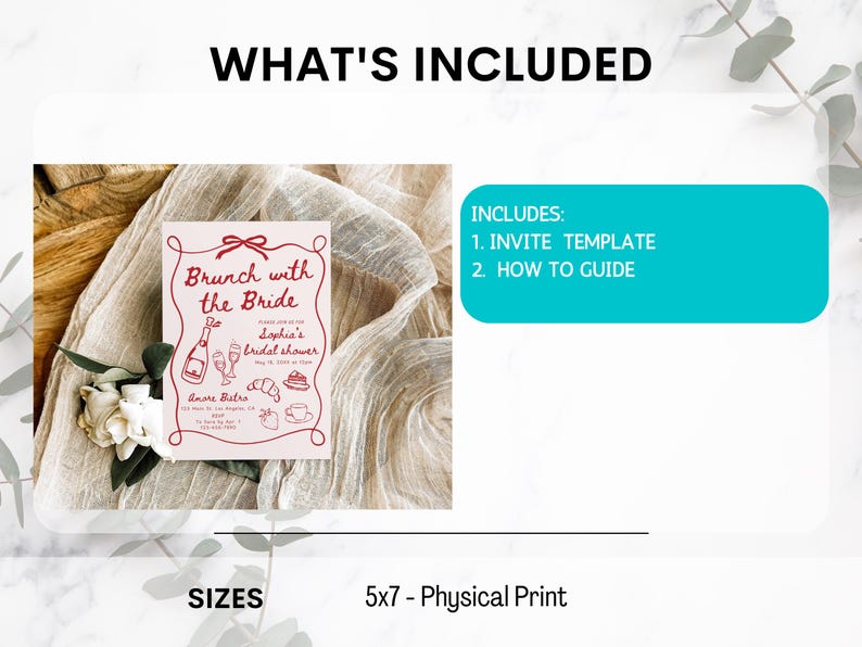 May include: A pink printable bridal shower invitation template with the text "Brunch with the Bride" and a graphic of a champagne bottle, glasses, and pastries. The invitation includes a how-to guide and is available in a 5x7 inch physical print.
