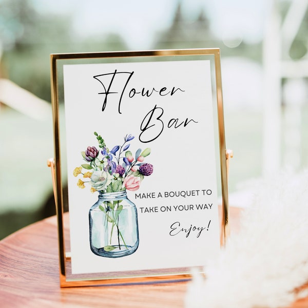 Enseigne de bar avec fleurs, modèle d'impression de barre de bouquet de fleurs sauvages, enseigne florale pour la douche nuptiale, affiche de chariot de bar avec fleurs, décoration de baby shower moderne imprimable