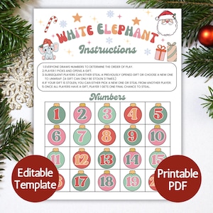 Números de elefante branco retrô, festa de troca de presentes de escritório para colegas de trabalho, jogo de festa de Natal, modelo de cartão de amigo secreto para jantar de feriado editável