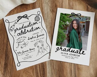 Hand Drawn Graduation Invitation Template, Senior Graduate Announcement, Doodle Graduation Party Invite, 2025 Photo Graduation Card Editable