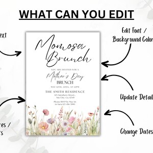Op de afbeelding: Een bewerkbare uitnodigingstemplate voor een Moederdagbrunch. De template heeft een aquarel bloemenontwerp met roze en witte bloemen. De tekst luidt "Momosa Brunch" en bevat details voor het evenement, zoals de datum, tijd en locatie. Je kunt de tekst, het lettertype, de kleuren aanpassen en afbeeldingen of elementen toevoegen.