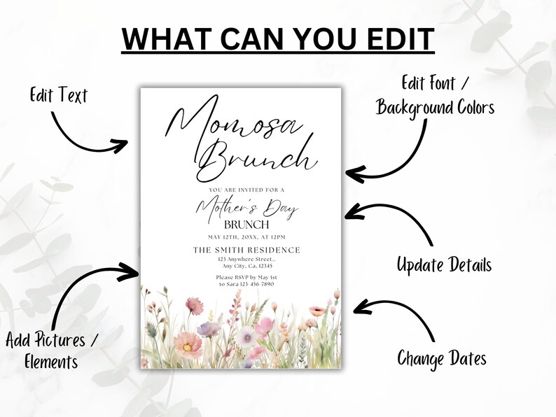 Op de afbeelding: Een bewerkbare uitnodigingstemplate voor een Moederdagbrunch. De template heeft een aquarel bloemenontwerp met roze en witte bloemen. De tekst luidt "Momosa Brunch" en bevat details voor het evenement, zoals de datum, tijd en locatie. Je kunt de tekst, het lettertype, de kleuren aanpassen en afbeeldingen of elementen toevoegen.