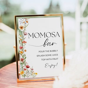 Znak Mimosa Bar, Kwiatowy nadruk koktajlowy Mimosa, Znak Mimosa, Szablon Brunch Bubbly Bar, Znak Momosa Wildflower Baby Shower z etykietami na sok