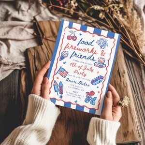 May include: A rectangular 4th of July party invitation card with blue and white vertical stripes. The text reads: food fireworks & friends, please join us for a 4th of July party, June 18, 20XX at 12pm, Amore Bistro, 123 Main St. Los Angeles, CA, RSVP to Sara by Apr. 1 123-456-7890. Illustrations include cherries, fireworks, ice cream, a top hat, a flag, a hot dog, rockets, and a balloon animal.