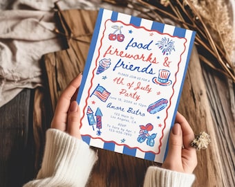 May include: A rectangular 4th of July party invitation card with blue and white vertical stripes. The text reads: food fireworks & friends, please join us for a 4th of July party, June 18, 20XX at 12pm, Amore Bistro, 123 Main St. Los Angeles, CA, RSVP to Sara by Apr. 1 123-456-7890. Illustrations include cherries, fireworks, ice cream, a top hat, a flag, a hot dog, rockets, and a balloon animal.