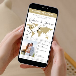 May include: A digital wedding invitation on a smartphone screen with a passport theme. The invitation features a world map with a plane and a heart, and the text "Passport to Wedding" and "Olivia & James".