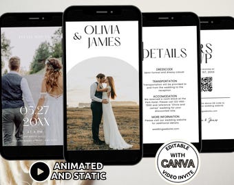 May include: Four smartphones display digital wedding invitation templates featuring photos of a couple, the text Olivia & James, event details, and a QR code. A circular badge at the bottom right reads Editable with Canva Video Invite.