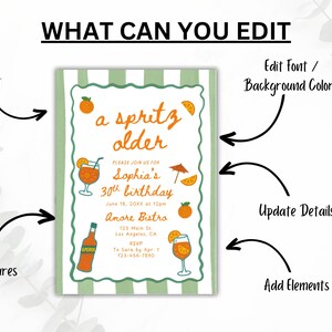 Op de afbeelding: Een uitnodiging voor een feestje met een groen en wit gestreepte achtergrond. De uitnodiging bevat oranje illustraties van sinaasappels en cocktails, met de tekst "a spritz older" en details voor Sophia's 30e verjaardag.