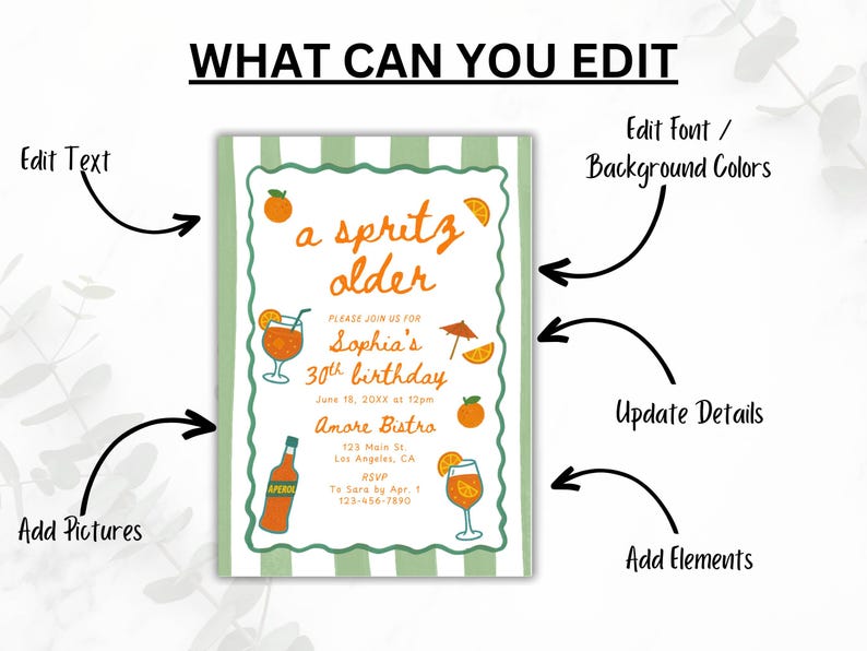 Op de afbeelding: Een uitnodiging voor een feestje met een groen en wit gestreepte achtergrond. De uitnodiging bevat oranje illustraties van sinaasappels en cocktails, met de tekst "a spritz older" en details voor Sophia's 30e verjaardag.
