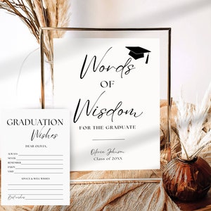Afstudeeradvies en wensen Sign & Card Template, Modern Grad Party Words of Wisdom 2024 Afstudeerwensen Kaartactiviteit Bewerkbaar afdrukbaar