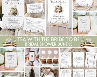 May include: A bridal shower bundle with a tea party theme. Includes invitations, recipe cards, a welcome sign, thank you cards, and games. The design features lavender sprigs and a stack of books with a teacup.