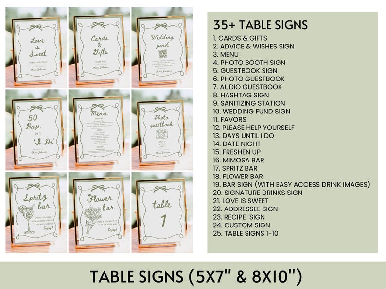 May include: A set of 10 gold-framed table signs with various wedding-related text, such as "Love is Sweet", "Cards & Gifts", and "Wedding Fund". The signs are 13 cm x 18 cm and 20 cm x 25 cm.