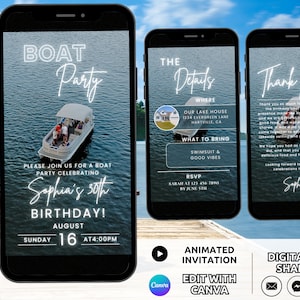 Modello di invito per una festa in barca, invito per una festa di compleanno in barca digitale, telefono animato per invito a una festa estiva sul pontone per una crociera sulla spiaggia sul lago