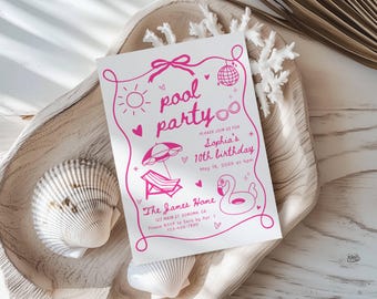Pool Party Birthday Party Invitation Template, Hand Drawn Whimsical Swim Birthday Invite, Summer Birthday Pink Pool Party Invite Printable