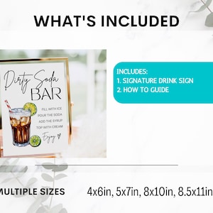 May include: A printable sign for a "Dirty Soda Bar" with instructions on how to make the drink. The sign features a watercolour illustration of a glass of soda with lime slices. The sign is available in multiple sizes: 4x6 inches, 5x7 inches, 8x10 inches, and 8.5x11 inches.