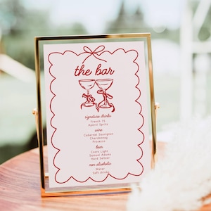 Modèle de signe de menu de bar, modèle de menu de bar de boisson signature dessiné à la main, affiche de signe de bar à cocktails d'anniversaire, signes de fête de douche nuptiale de mariage